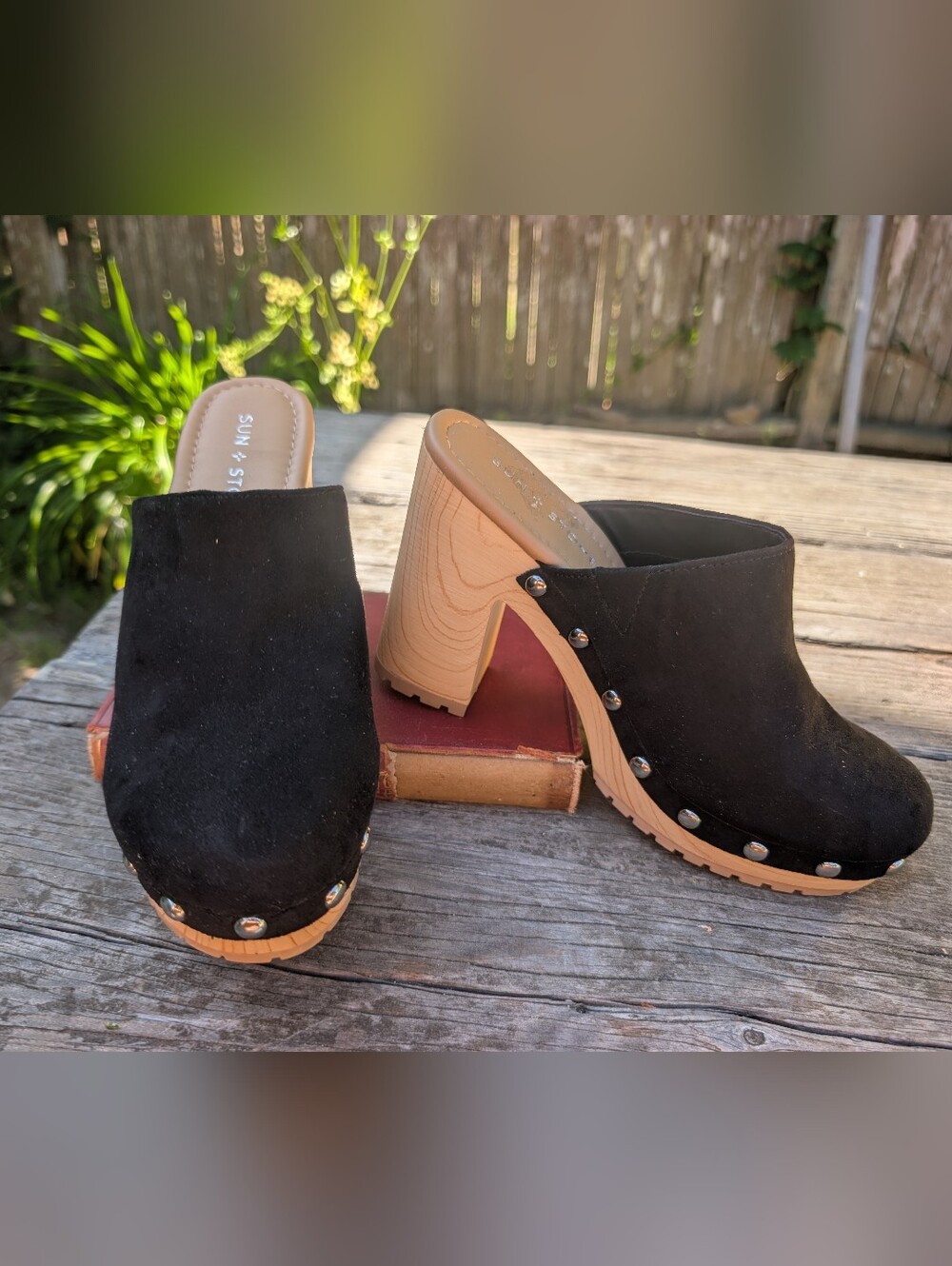 Black Suede Platform Clog Heels - Sun + Stone